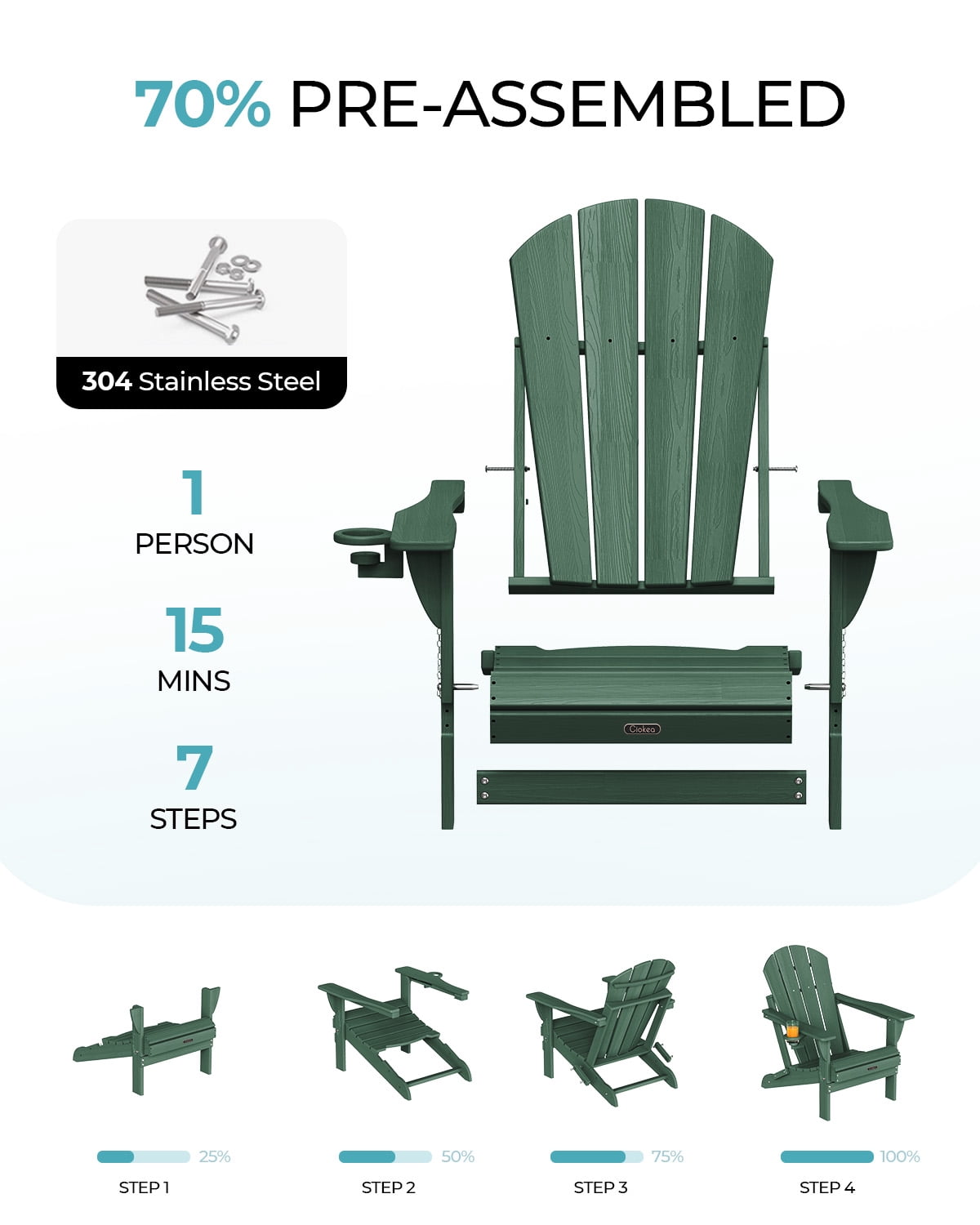 Folding Adirondack Chair, All-Weather HDPE Fire Pit Patio Chair, Green