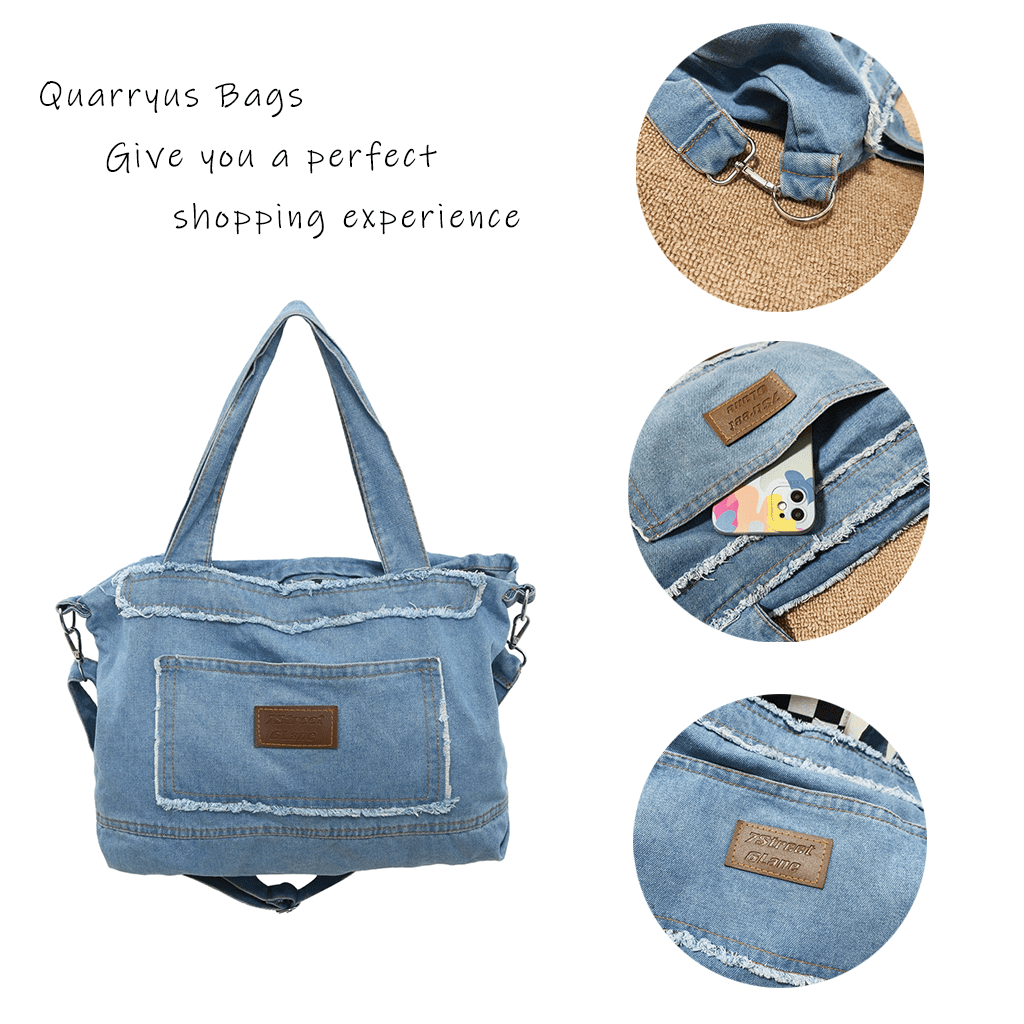 【Anyone more】Ketty Denim Long One Piece Crossbag Set Quarryus Denim Tote Bag for Women Large Tote Bag with Zipper