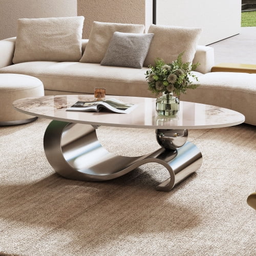 49.2-Inch Modern Oval Faux Marble Coffee Table with Sturdy Metal Base - Luxury Living Room Furniture for Home Decor | Scratch-Resistant & Easy Assembly, (Gray)