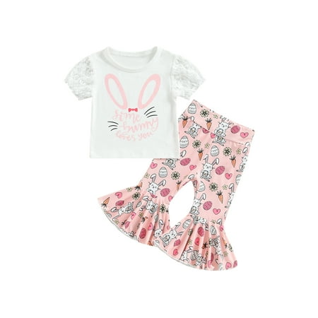 

Easter Toddler Baby Girls 2pcs Outfit Sets Summer Lace Sleeve Letter Print Tops + Rabbit Print Flared Pants