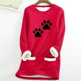 thumbnail image 2 of Feancey Women's Fleece Lined Tops Winter Warm Sherpa Lined Crewneck Pullover Cute Cat Paw Print Loungewear Long Sleeve Thermal Tunic Tops with Pockets Red M, 2 of 4