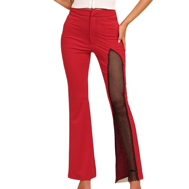 RQYYD Mesh Splicing Pants for Wmen High Waist Trousers Slim Fitting  Straight Leg Streetwear Pants Red L