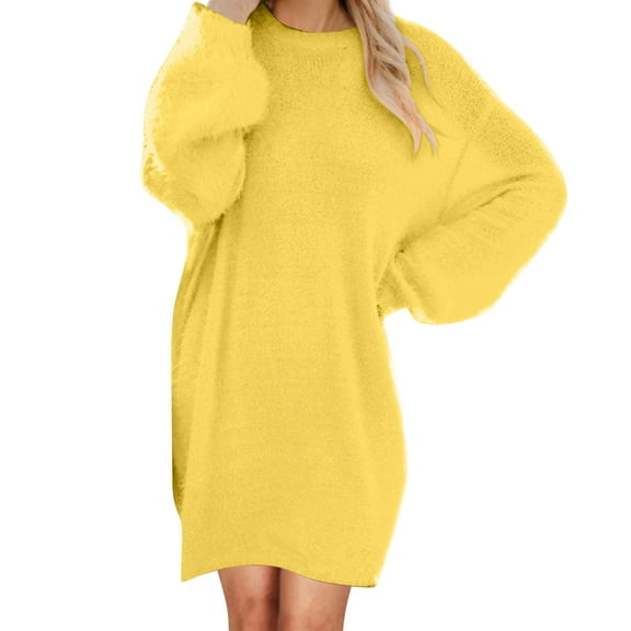 Lovskoo Women's Fuzzy Fleece Dress Long Sleeve Oversized Baggy Loose Pullover Solid Color Tunic Mini Sweater Dress 2025 Trendy Spring Fall Outfits B-Yellow