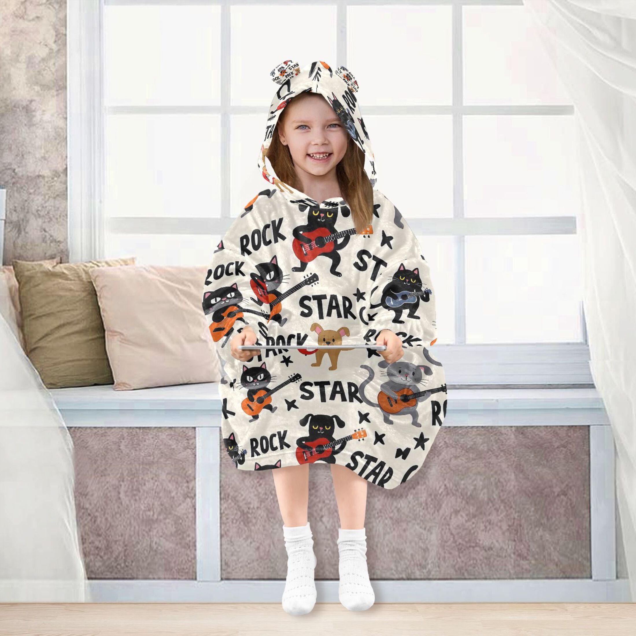 joogoo Blanket Hoodie for Guitar Cute Cat Oversize Sweatshirt 3-14 YR L