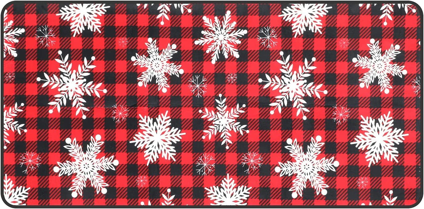 JOOCAR Christmas Mat, Red Black Buffalo Plaid White Snowflake Christmas