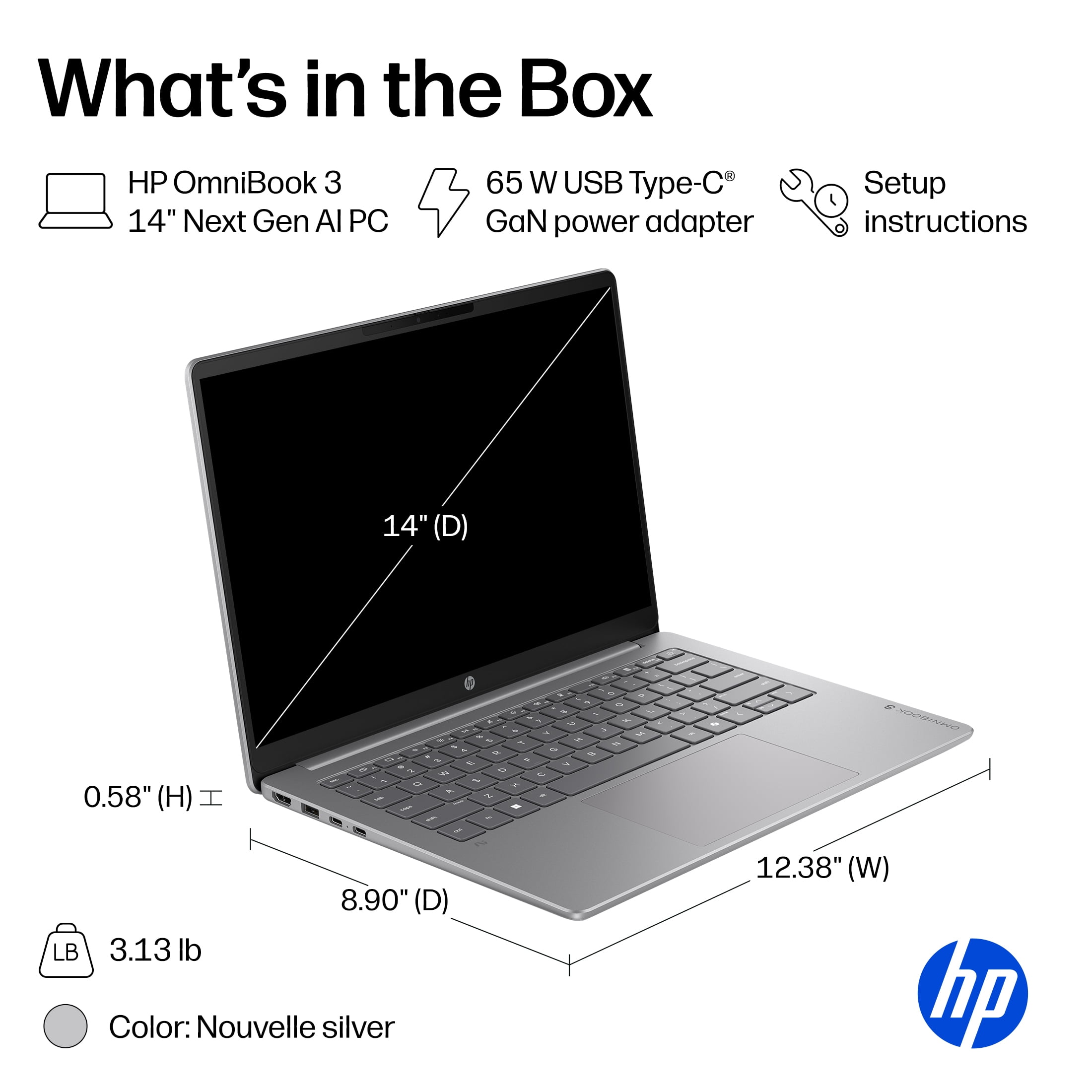 HP OmniBook 3 14 inch Next Gen AI PC 2K OLED Display Windows Snapdragon X 16GB 512GB SSD - Nouvelle Silver