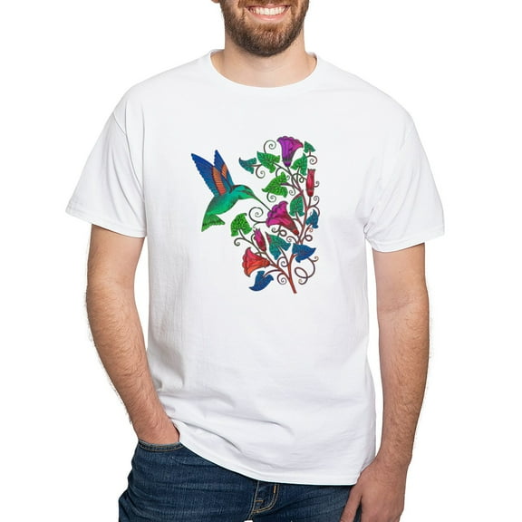 CafePress - Rainbow Hummingbird On Trumpet Vine White T Shirt - Men's White Classic Cotton T-Shirts