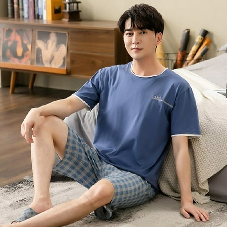 

PIKADINGNIS 2 Piece Set Pajamas for Men Summer Short Sleeve Tops Shorts Soft Modal Pajamas Homewear Suit Mens Sleepwear Loose Nightwear