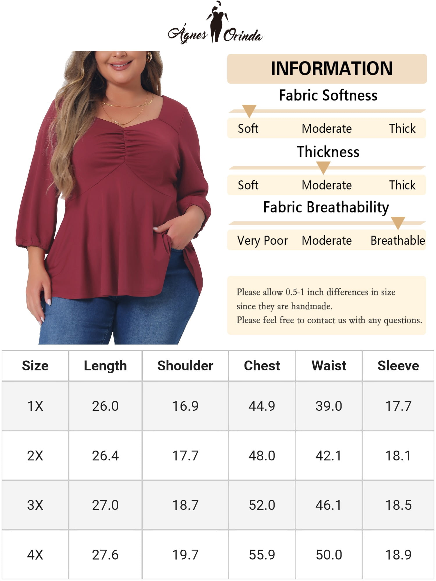 Unique Bargains Women's Plus Size Blouse Sweetheart Neck Elbow Sleeve Peplum Tops 2X Burgundy