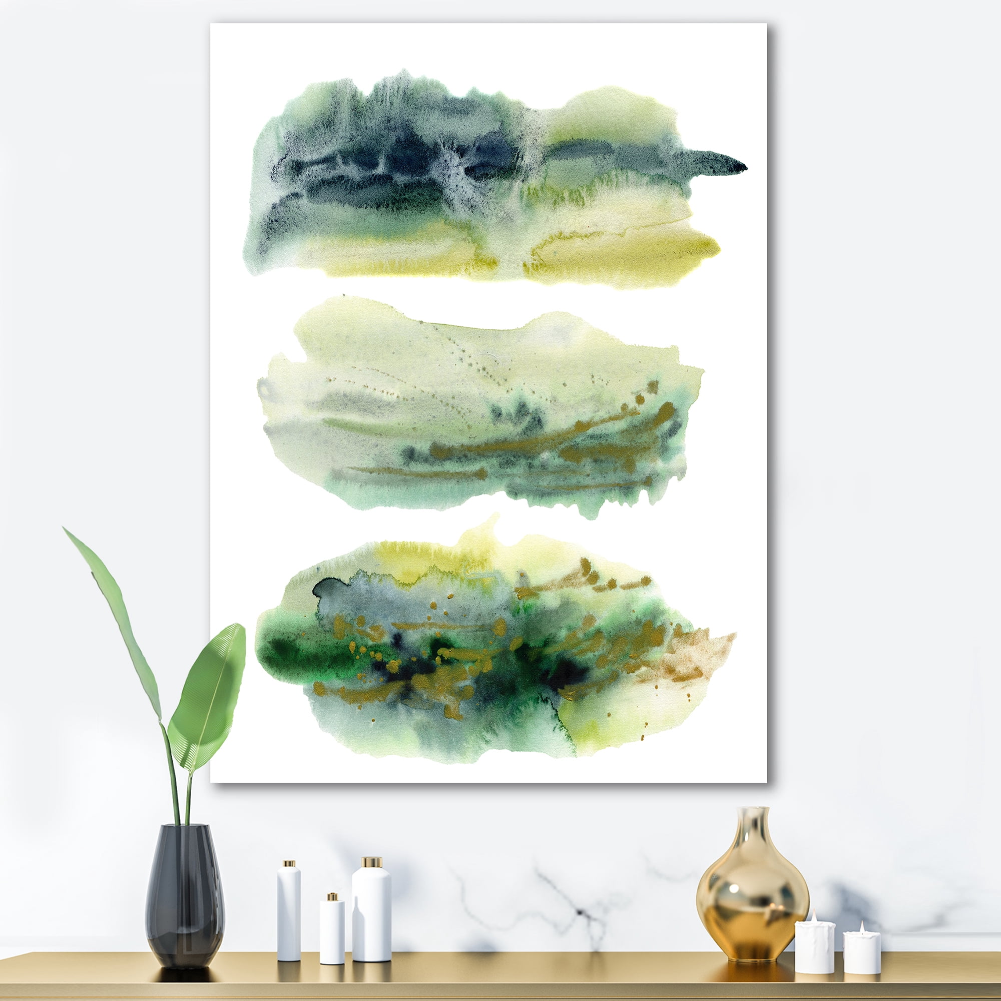 Designart ' Golden Green Abstract Clouds I ' Modern Canvas Wall Art Print