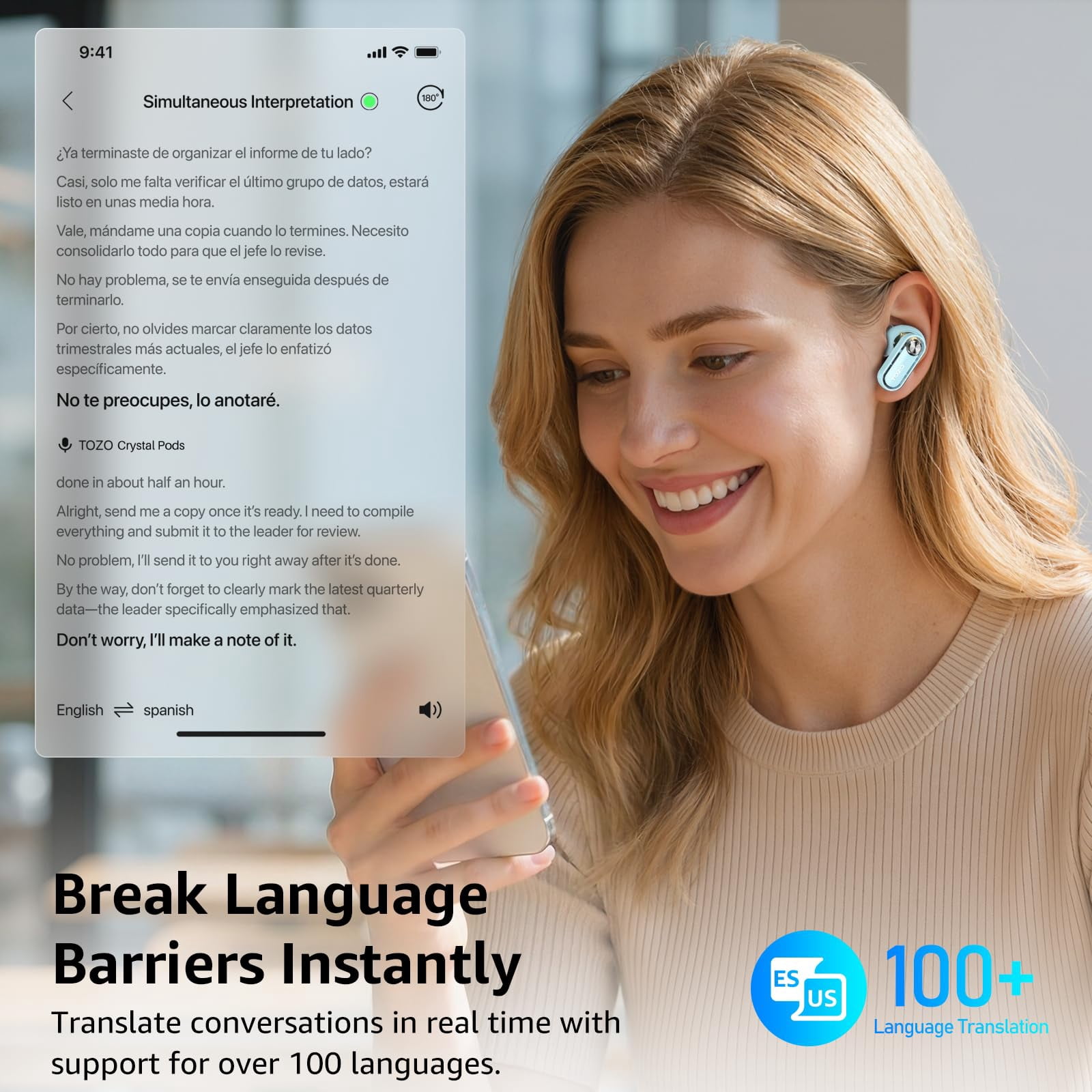 TOZO AI Translation Hybrid Active Noise Cancelling Earbuds, 100+ Languages, 70H, Smart ENC AI Calls, Stereo Bass with App-32EQ, IPX5 Waterproof Bluetooth 5.4 Headphones, Sleek Transparent Design