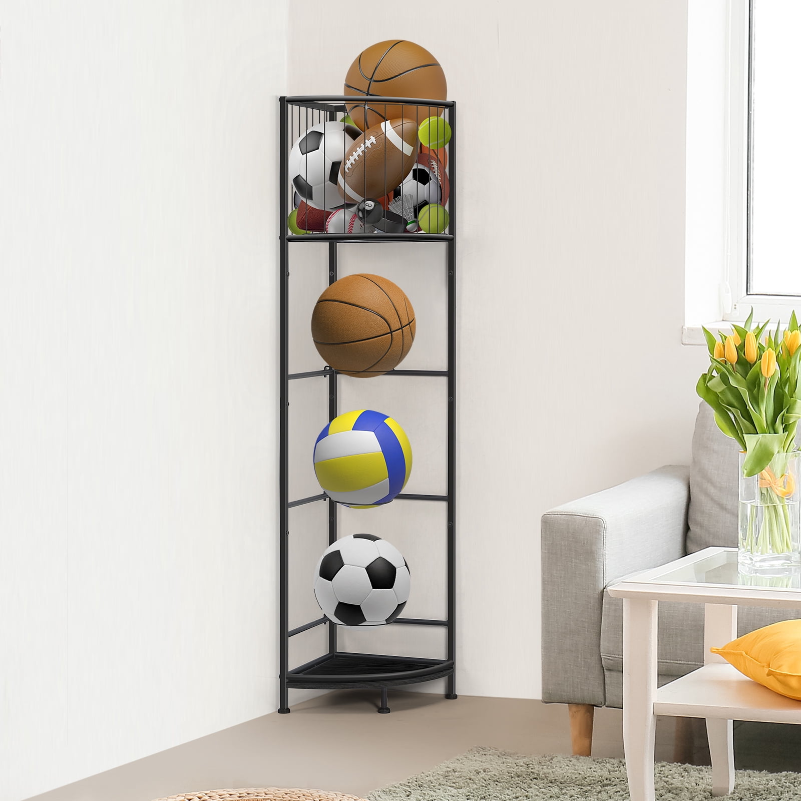 Oumilen 3-Tier Freestanding Basketball Storage Rack, Heavy-Duty Sports Ball Organizer