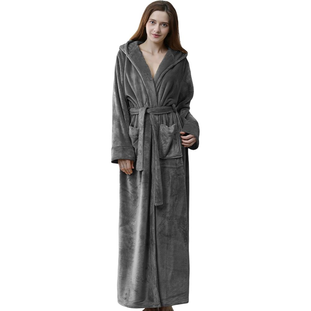 Womens Long Hooded Bathrobe Fleece Full Length Bathrobe with Hood Winter Sleepwear