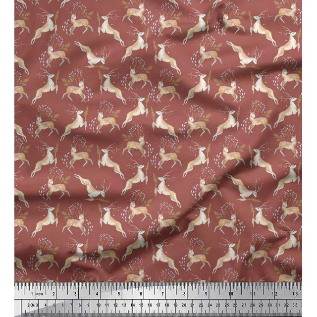 Soimoi Tissu en Coton Duck Feuilles et Imprimés d'Animaux Rennes au Mètre 56 Pouces de Large