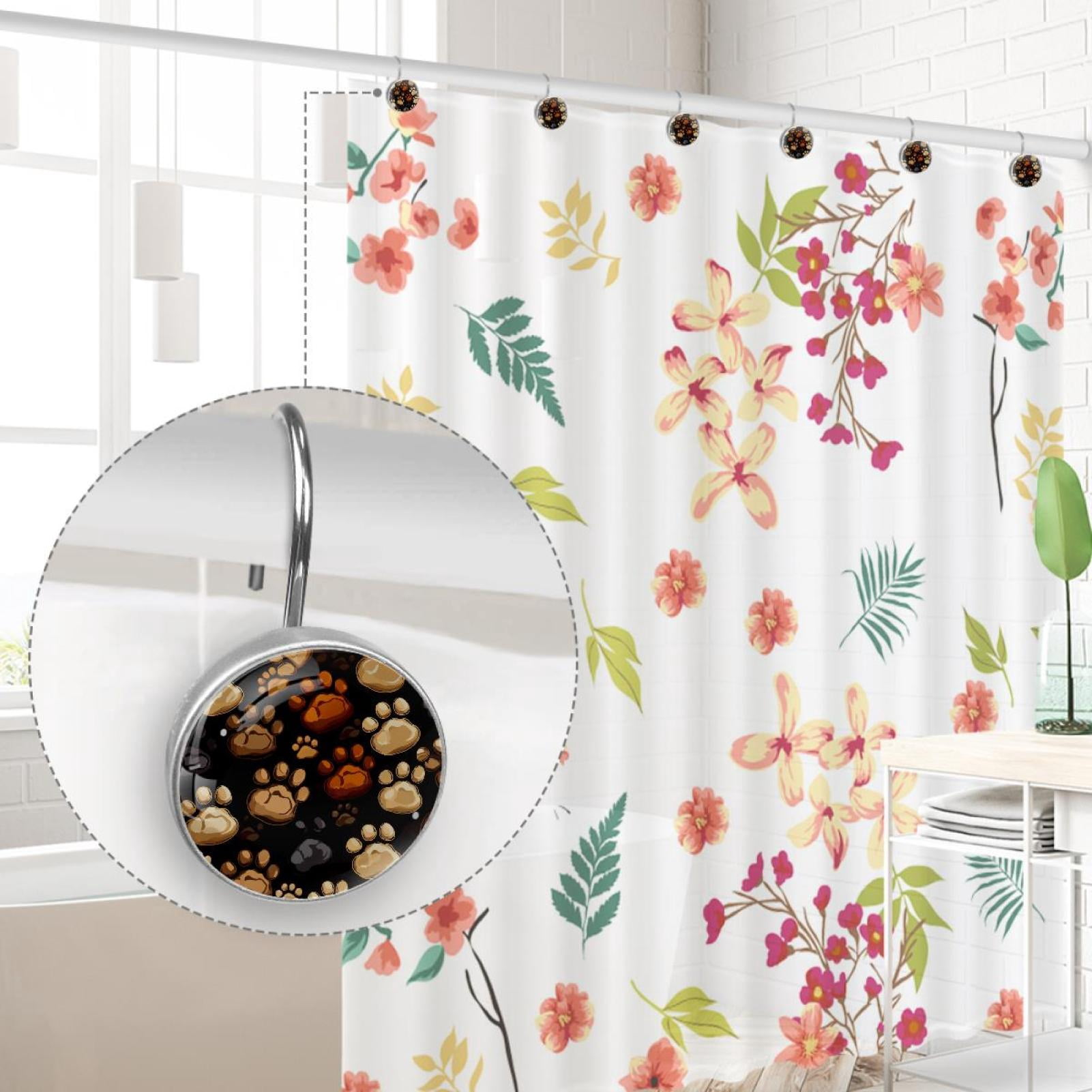 Colorful Paw Footprints Shower Curtain Hooks Round Crystal Glass, Set of 12 Shower Curtain Rings - Shower Hooks for Curtain Shower Rings