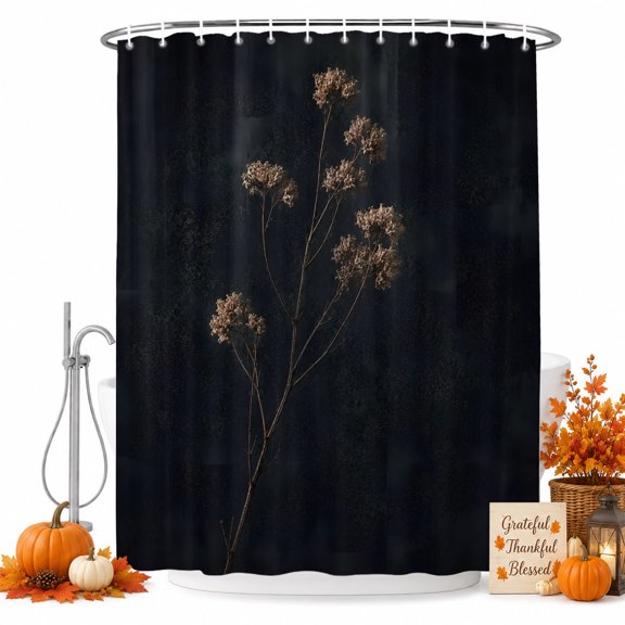 Dried Flowers Shower Curtain, Waterproof Shower Curtains for Bathroom, Abstract Black Vintage Rustic Floral Washable Fabric Bathtub Curtain Set Bath Decor with 12 Hooks 72"x78"