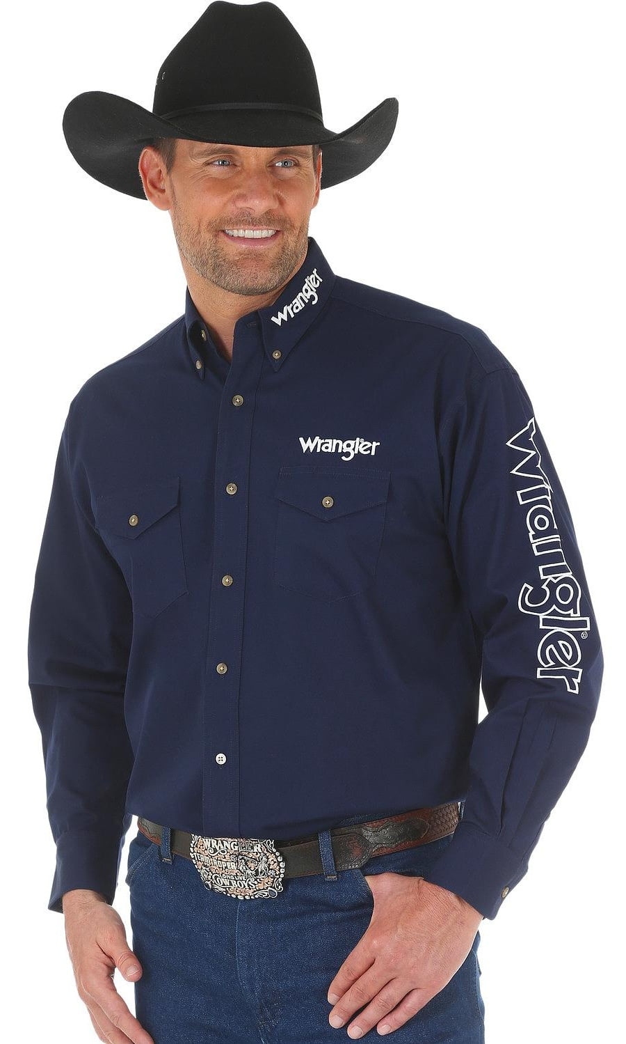 wrangler men's western logo long sleeve snap front shirt, navy, l - Walmart .com