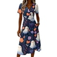 thumbnail image 4 of Women's V Neck Halloween Print Casual Dress Short Sleeve A Line Midi Dress with Self Tie Waist for Daily Wear Party Autumn Outfit Navy M, 4 of 5