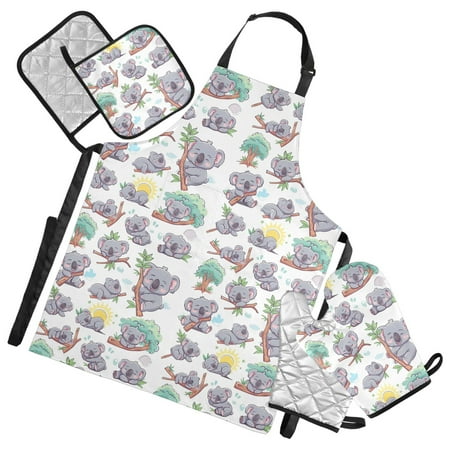 Various Pose Koalas 5 Pcs Kitchen Set Heat Resistant Oven Mitts and Non-Slip Pot Holders with Adjustable Cooking Apron