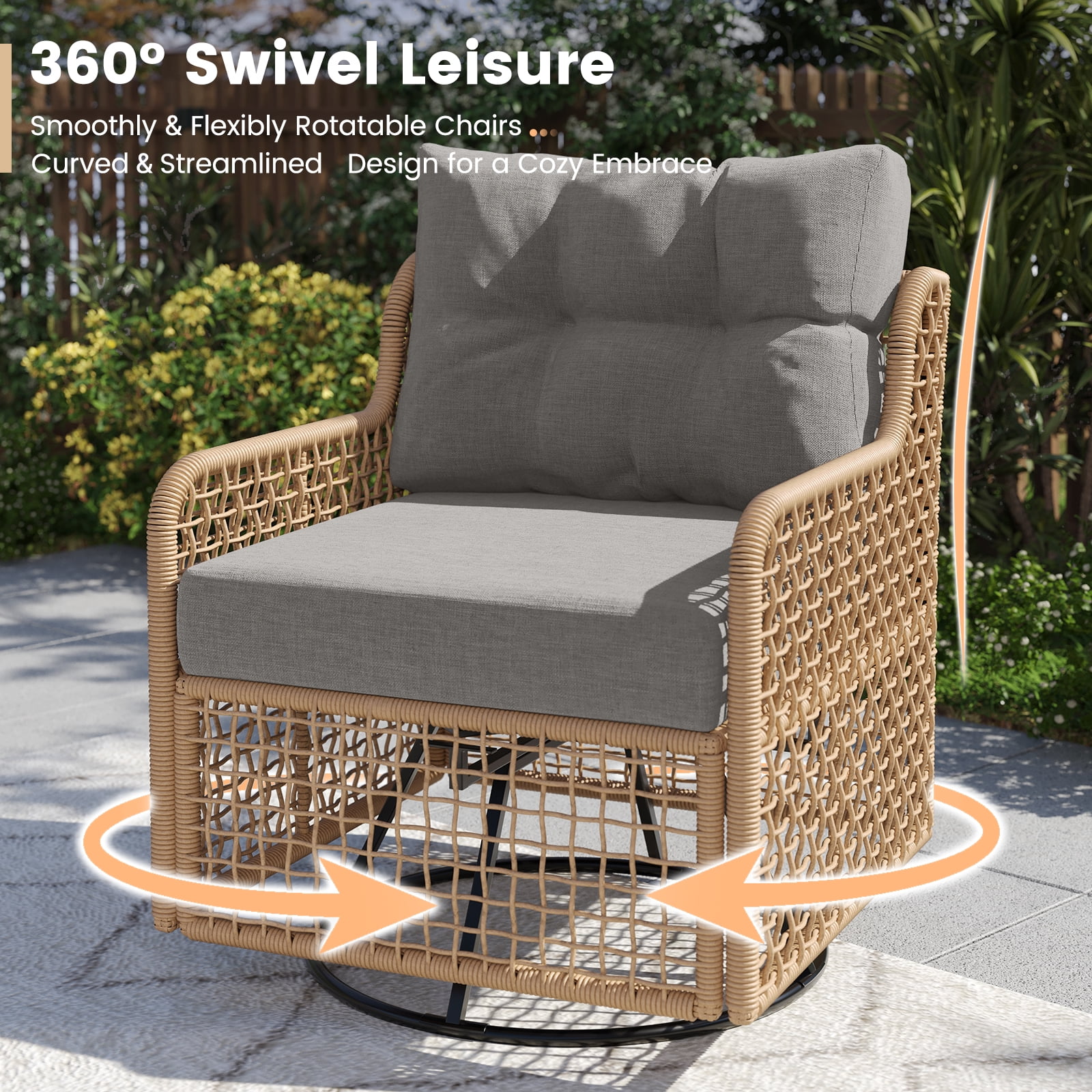 ELPOSUN 7-Seat Outdoor Patio Furniture Set, Wicker Rattan Outdoor Furniture Set with Swivel Chairs & All-Weather Thickened Cushions for Garden, Porch, Backyard, and Poolside, Gray