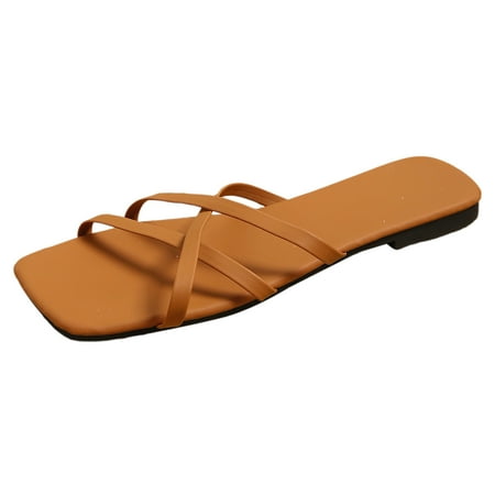 

ZIZOCWA Flat Women Slippers 2023 Thin Strap Non-Slip Open Toe Ladies Outdoor Slides Retro Fashion Pu Leather Square Flip Flops Sandals Size9