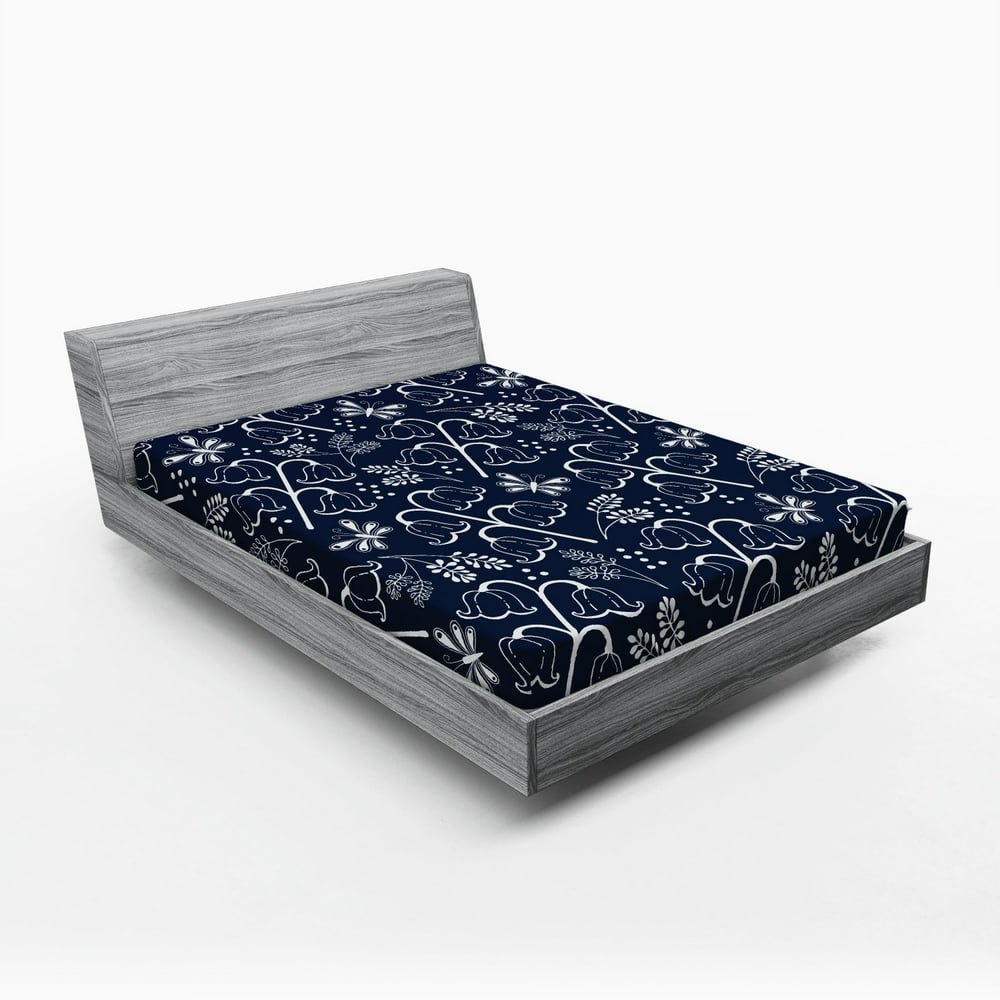 Navy Blue Fitted Sheet Tulip Bluebell Flower Pattern with Foliage Leaf