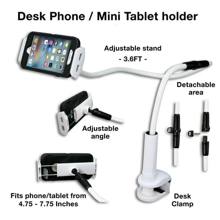 Flexible & Adjustable Desk Phone Holder Clamp Mount with Long Arm Detachable for Smart Devices (Black)