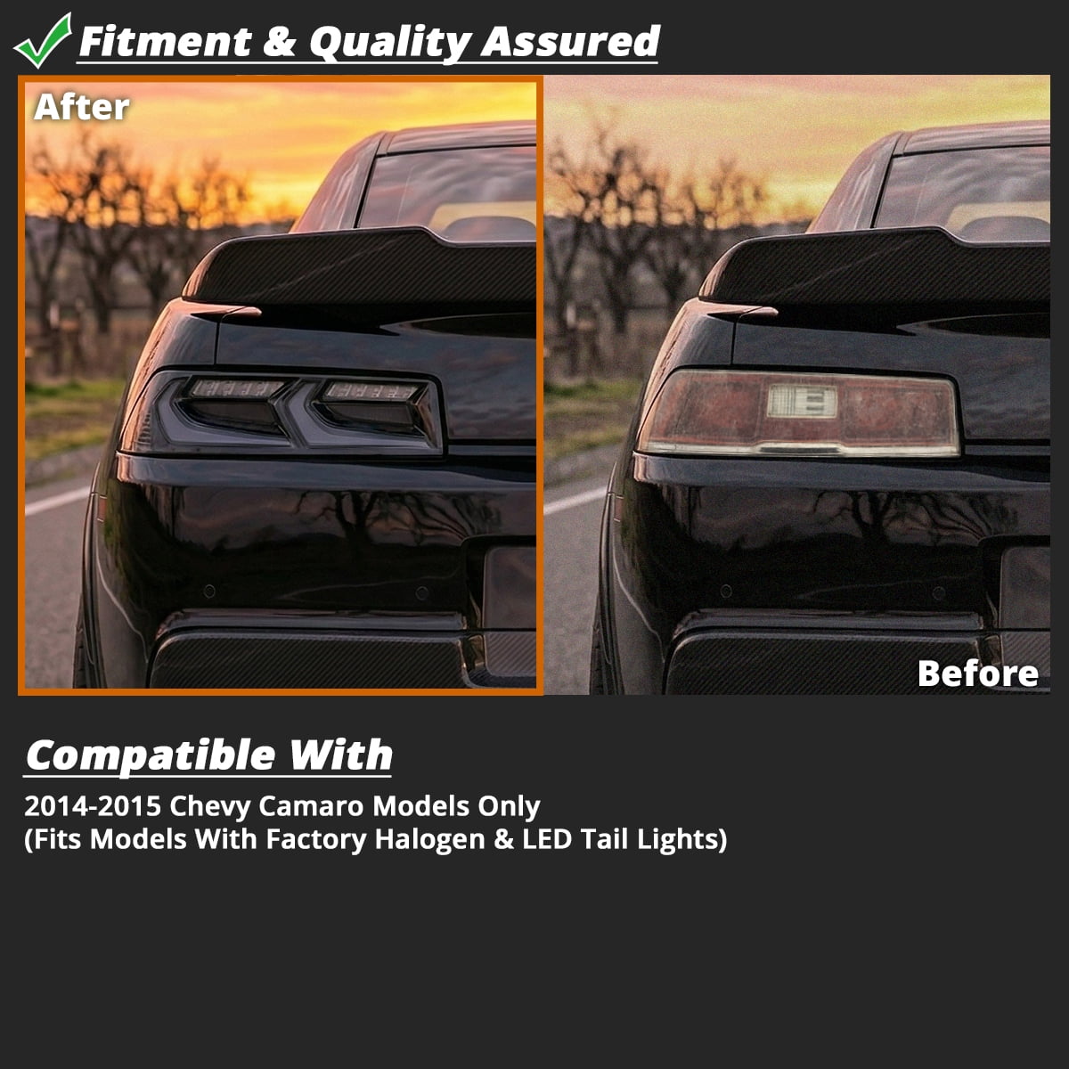 Spec-D Tuning Black Smoke Dynamic Full LED Tail Lights w/ Startup Animation Compatible with 2014-2015 Chevy Camaro, Left + Right Pair Assembly