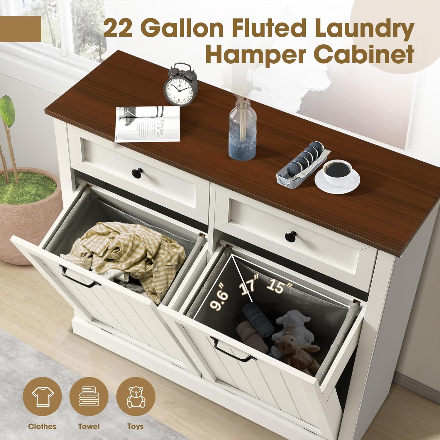 Magic Union Tilt Out Laundry Hamper Cabinets, 22 Gallon Double Hidden Laundry Hampers, Wooden Trash Can Cabinet W/2 Drawers, Farmhouse Garbage Can for Bathroom, Living Room, Kitchen