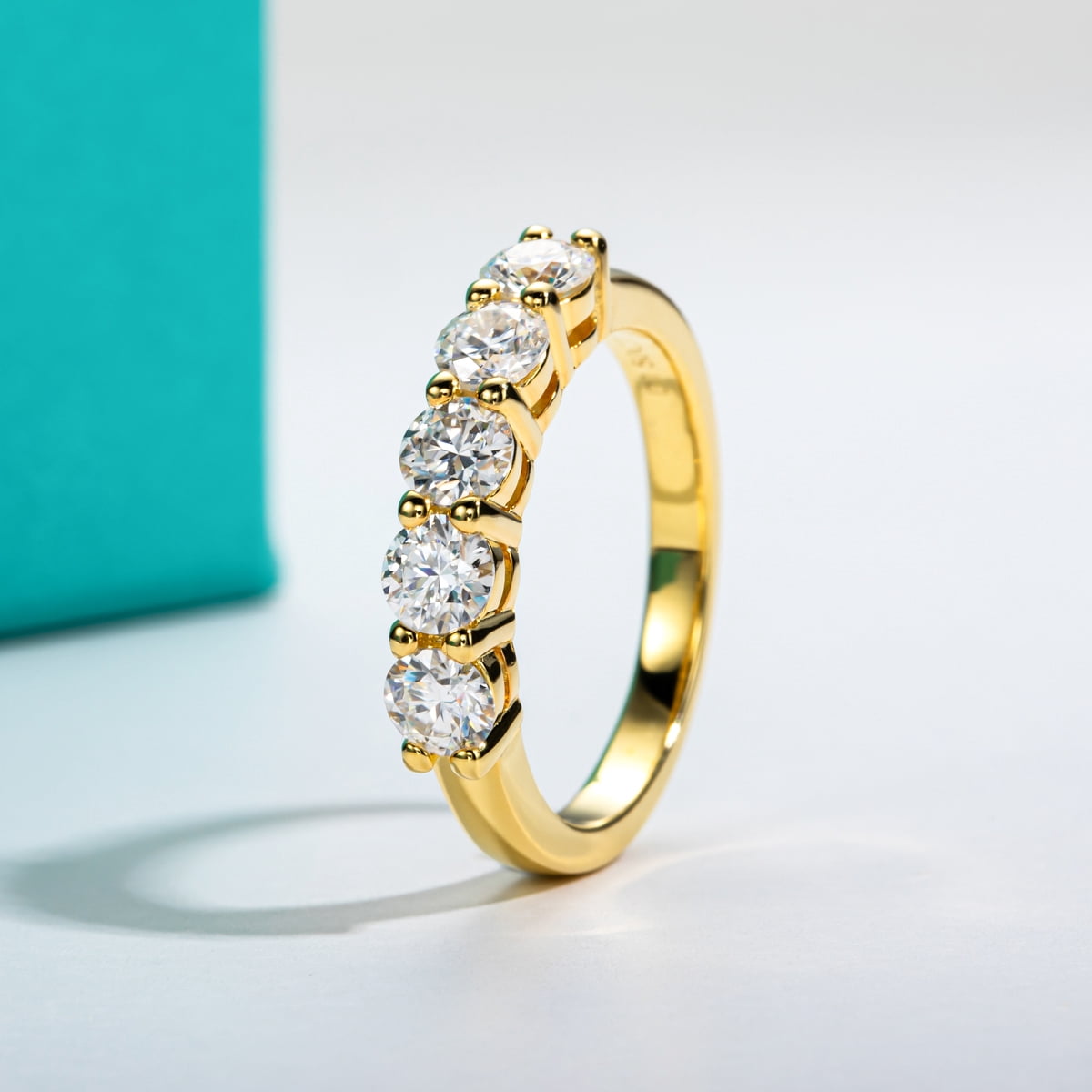 AnuClub 5 Stone Moissanite Eternity Wedding Band 1.5cttw D Color Moissanite 14K Gold Plated 925 Sterling Silver Rings for Women with Certificate