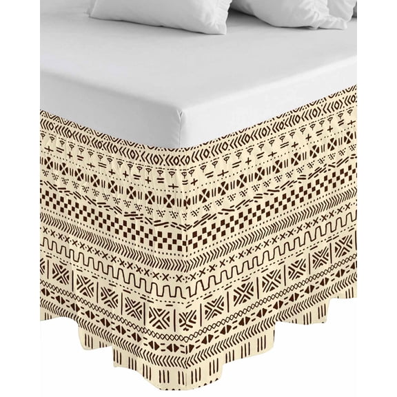 Abstract Boho Wrap Around Bed Skirts for King Bed 18" Drop,Bed Skirt with Adjustable Elastic Belt Dust Ruffle Bed Valance for Bedroom Hotel Modern African Ethnic Geometric Beige Bed Frame Cover