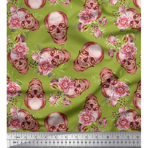 Soimoi Poly Georgette Fabric Skull & Begonia Floral Print Fabric by The Yard 52 Inch Wide