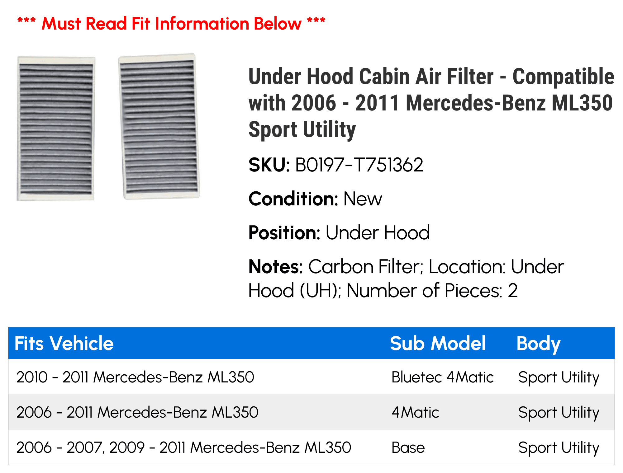 Under Hood Cabin Air Filter - Compatible with 2006 - 2011 Mercedes-Benz ML350 Sport Utility 2007 2008 2009 2010