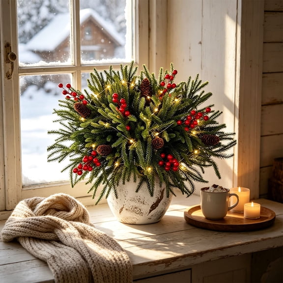 Christmas Plastic Artificial Flower DIY Kit with Light String, Bendable Sprigs and Branches for Vase or Tabletop Holiday Decor Multicolor