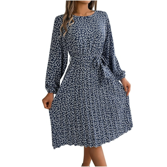 abtuhar Womens Summer Dresses,Women's Fall New Casual Long Sleeve Floral Hem Pleated Skirt Plus Size Dresses,Dark Blue