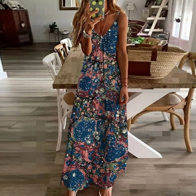 SMihono Robe Maxi Bohème d'Été pour Femmes Grande Taille Mode Femme Bretelles Taille Mi-Haute Col en V Sans Manches Rayée Imprimée Robe Longue de Plage