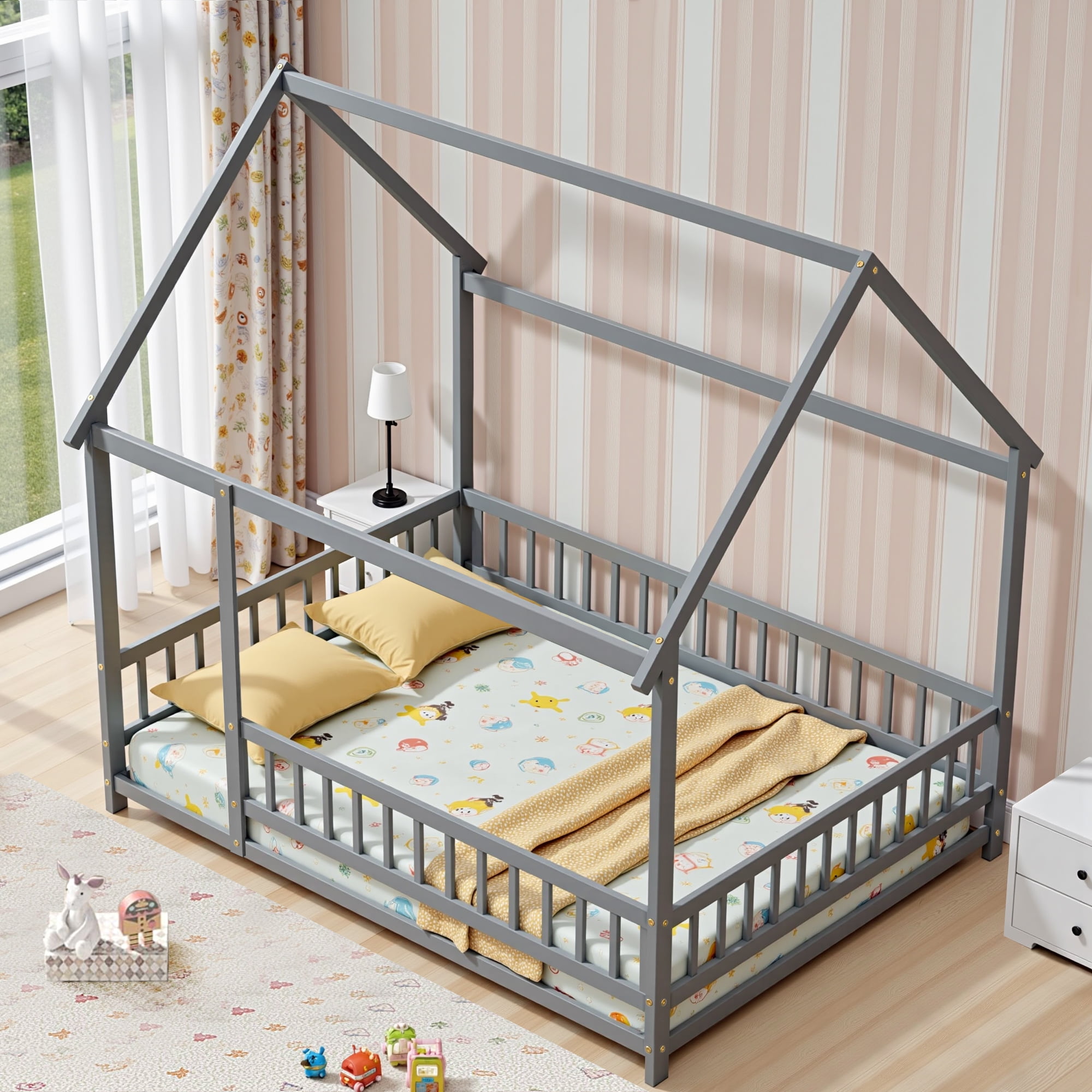 Full Size House Shaped Floor Bed with Fence and Door, Montessori House Bed Frame with Safety Guardrails, Mattress Not included, Gray