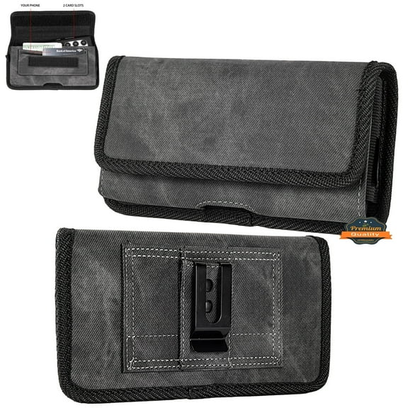 For Apple iPhone 14 Plus Universal Horizontal Cell Phone Case Fabric Holster Carrying Pouch with Belt Clip and 2 Card Slots fit XLarge Devices - Black Denim