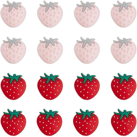 16pcs Silicone Focal Beads 2 Colors Fruit Strawberry Beads for Pen Silicone Rubber Keychain Bead Flat Cartoon Character Bead for DIY Necklaces Making Hole: 2.3mm for making