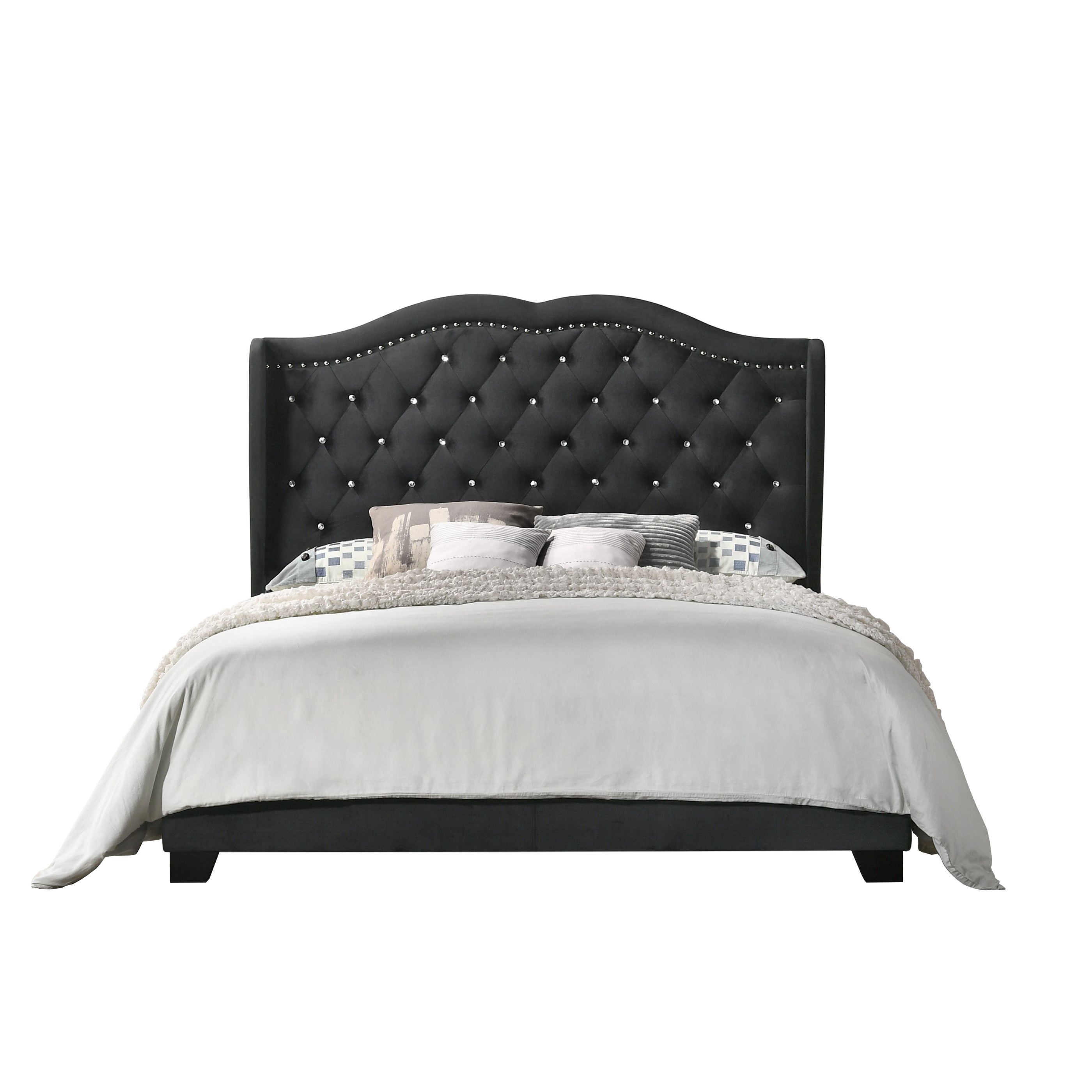 Home Design Aiden King Upholstered Panel Bed Frame with Tufted Headboard for Adult, Black, Easy Assembly