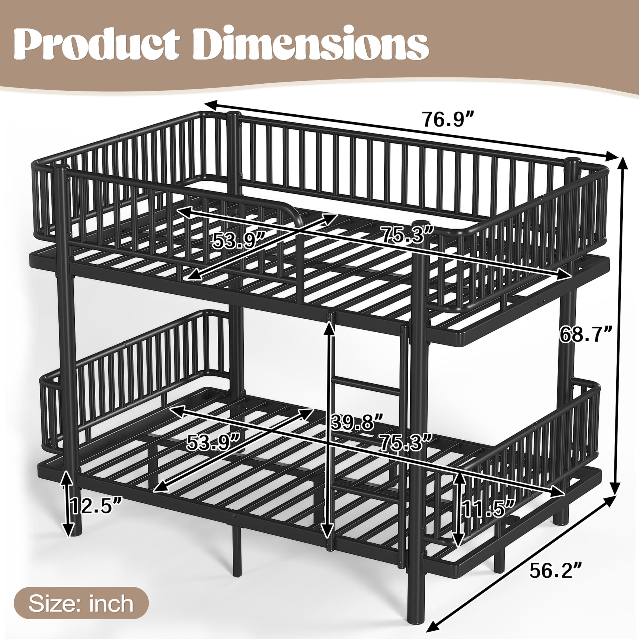 Noble House Full over Full Bunk Bed with Guardrails and Ladder, Can Separate into 2 Platform Beds, Black