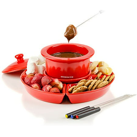 Ovente 1 Liter Electric Chocolate or Cheese Fondue Melting Pot and Warmer Set, Ceramic Party Serving Tray, Includes 4 Dipping Forks, Red