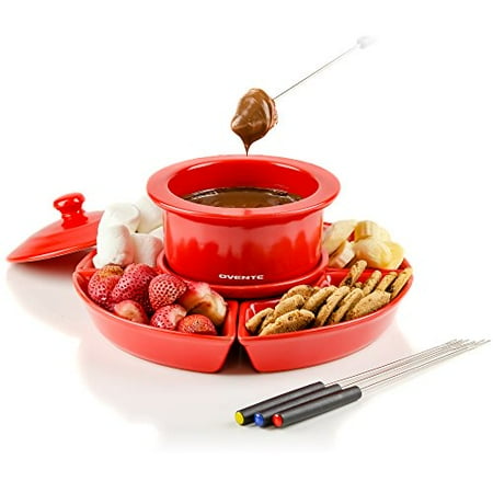 Ovente 1 Liter Electric Chocolate or Cheese Fondue Melting Pot and Warmer Set, Ceramic Party Serving Tray, Includes 4 Dipping Forks, Red (Best Chocolate Fondue Pot)