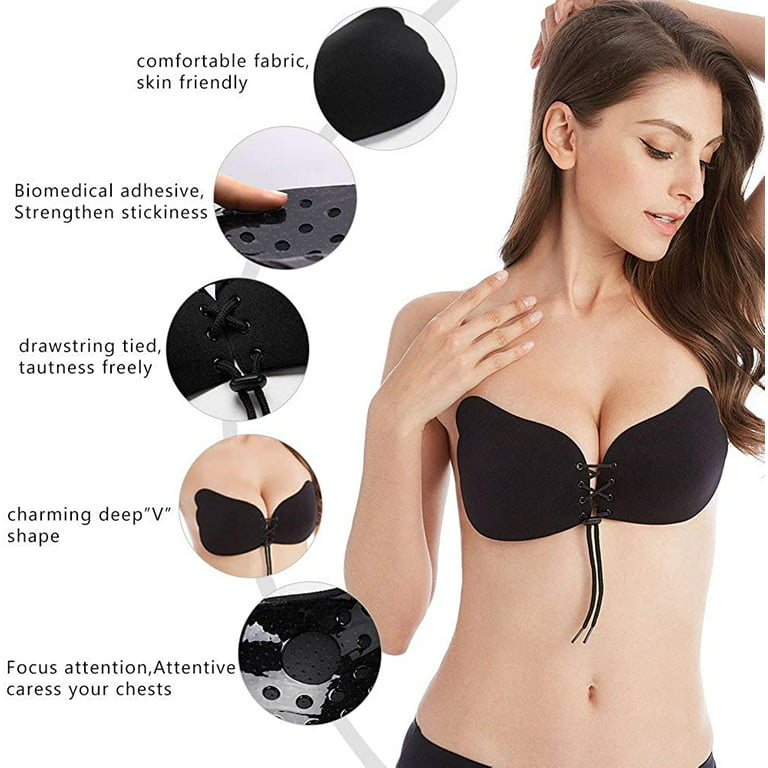 Olamtai Sticky Push up Bra, Invisible Adhesive Silicone Strapless Bras for  Women, Backless Lift Push up Bra for Large Breasts - Black Bra Size B 