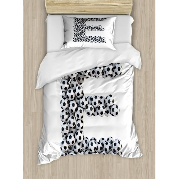 Letter E Duvet Cover Set Twin Size, Balls with Hexagon Motifs Classic Sporting Equipment Theme Alphabet Letter, Decorative 2 Piece Bedding Set with 1 Pillow Sham, Black and White, by Ambesonne