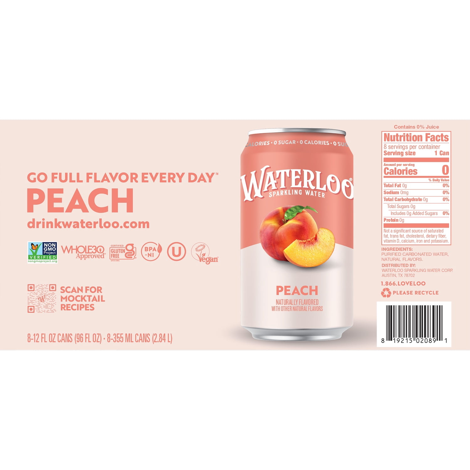 (6 pack) Waterloo Sparkling Water, Peach, 12 fl oz, 8 Pack Cans