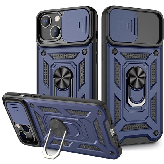 Reiko Kickstand Ring Holder with Slide Camera Cover TPU Magnetic Car Mount for Apple iPhone 13 in Blue