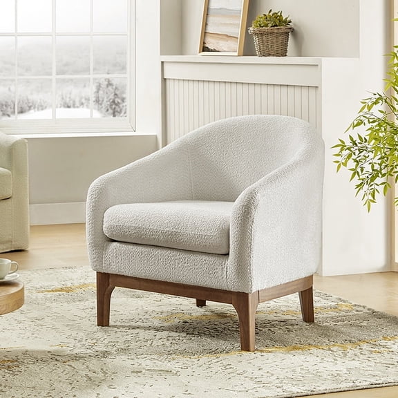 Modern Solid Wood Accent Chair Armchair Barrel Backrest for Living Room Bedroom, Ivory