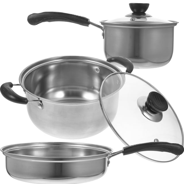 1 juego de olla de acero inoxidable para sopa, cacerola de metal, olla para leche, olla para cocinar huevos Conjunto gris de acero inoxidable: olla para sopa 20.5x20.5x10 cm, lechera 16.3x16.3x8.8 cm y sartén 24.6x24.6x6 cm; mangos negros ergonómicos, tapa de vidrio incluida y paredes pulidas, ideal para hervir, calentar leche y freír.