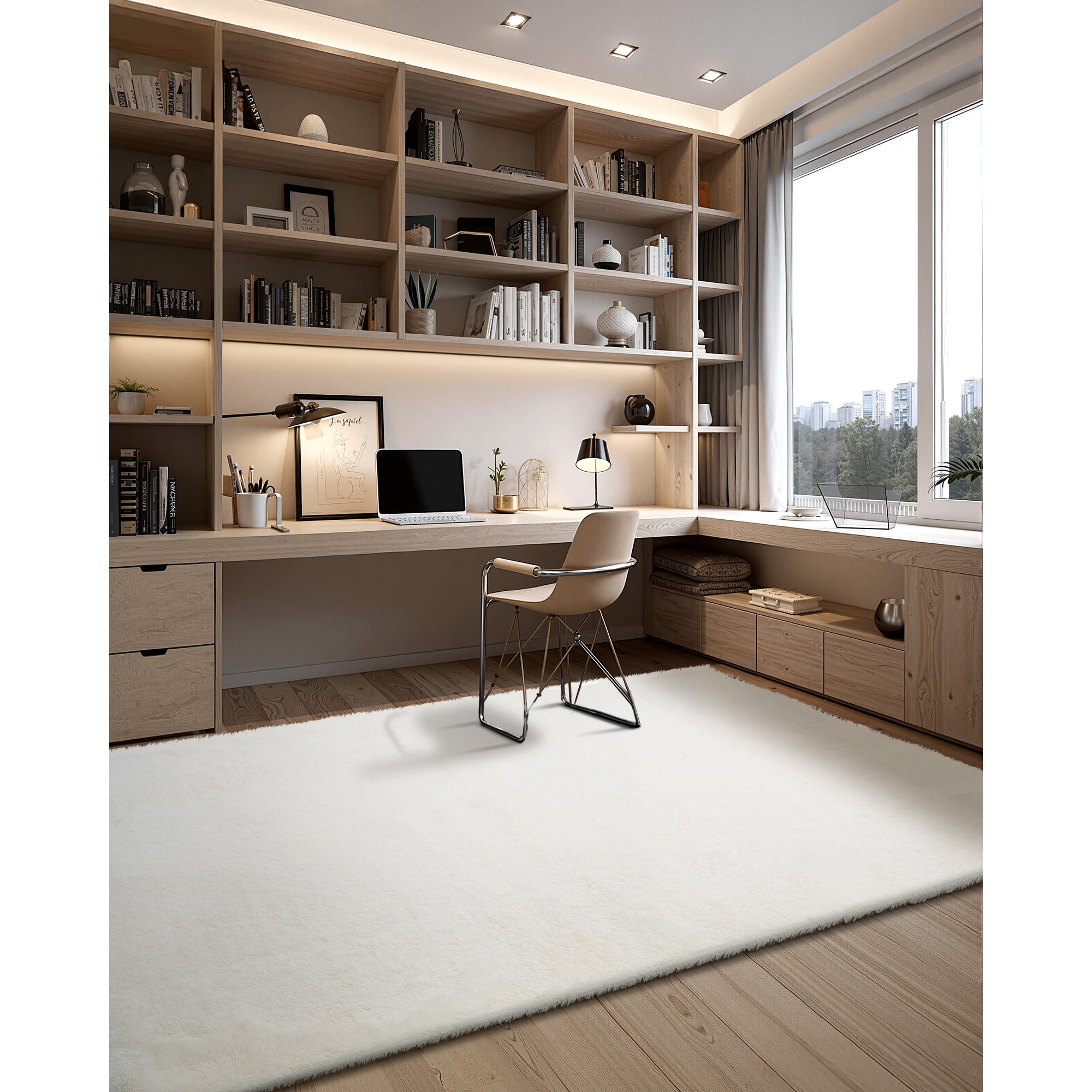 KFFKFF Indoor Plush Area Rugs, 8 x 10 ft Soft Carpet, Furry Shag Rugs for Living Room, Bedroom, Sunroom, Modern Home Decor, Non-Shedding, Non-Woven, Slip-Resistant, Ivory White